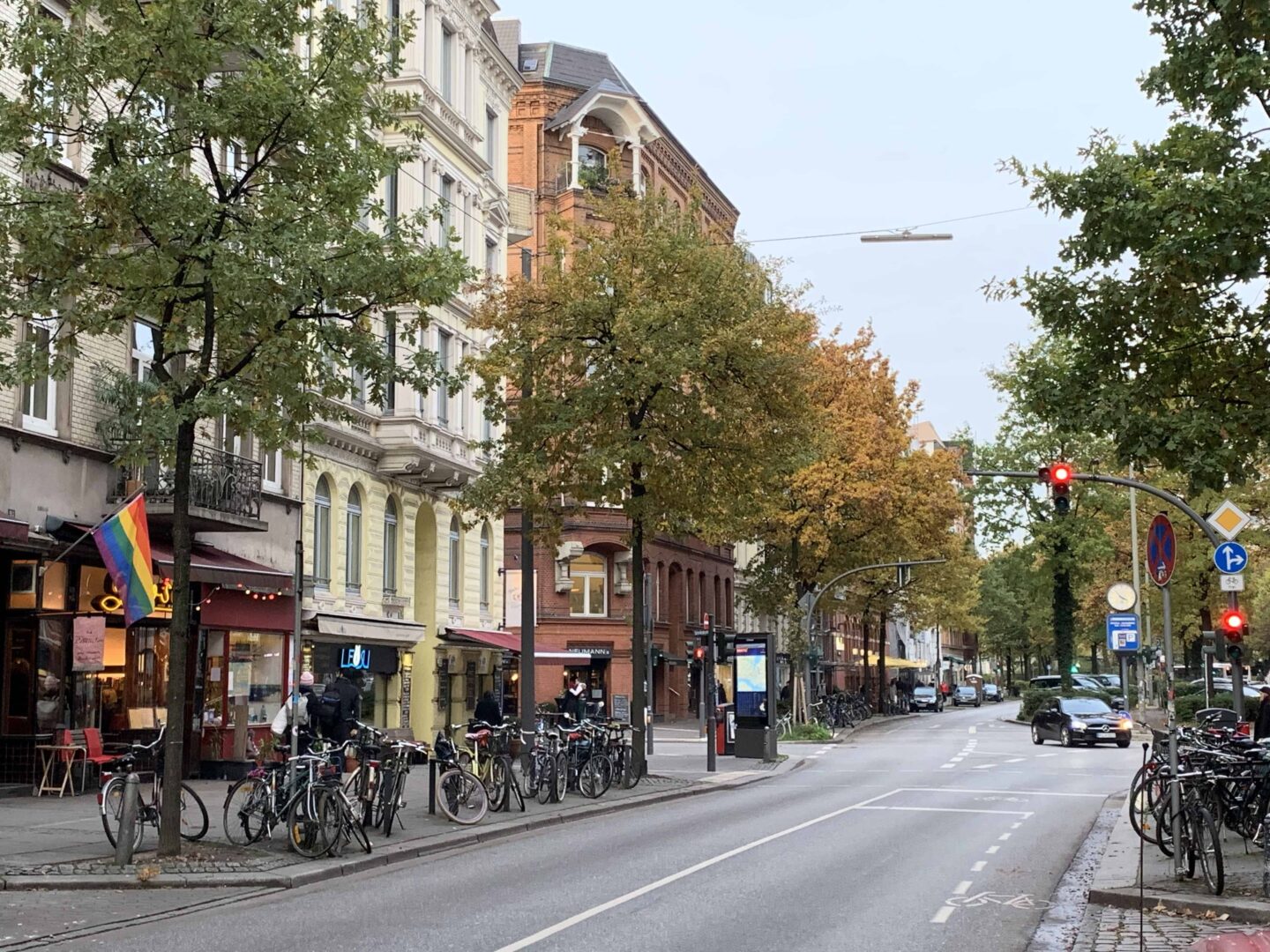 view down the Steindamm shopping street with bicycles on the pathways