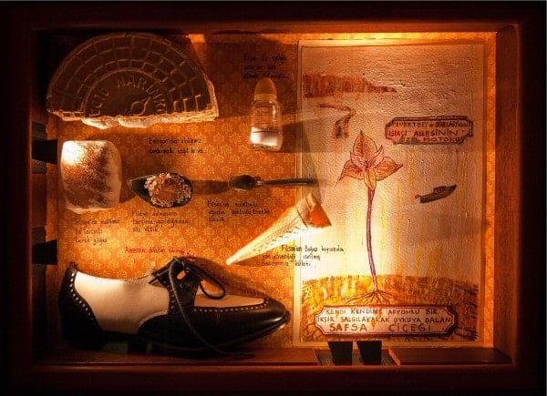 view of box Fram on the wall of of the museum of innocence within is a show, spoon and numerous other possessions from his character Kemal to Kemal’s lover Fusan, from Pamuk’s book of the same name