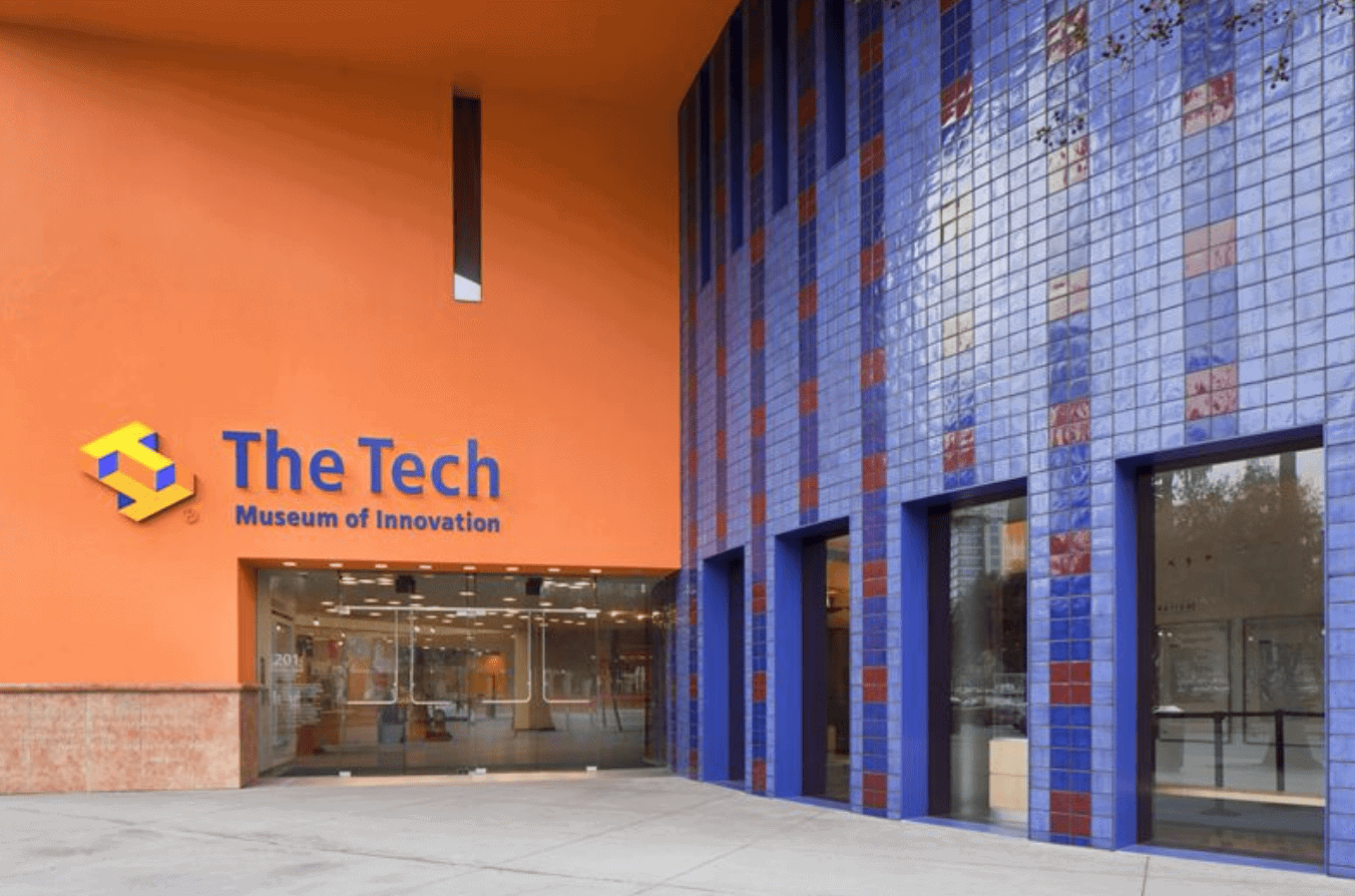 view of the orange and blue tiled entrance of the tech museum