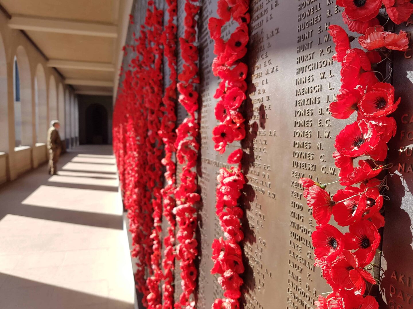 view of a wall of poppies alongside names of those whose life was lost in the Australian War