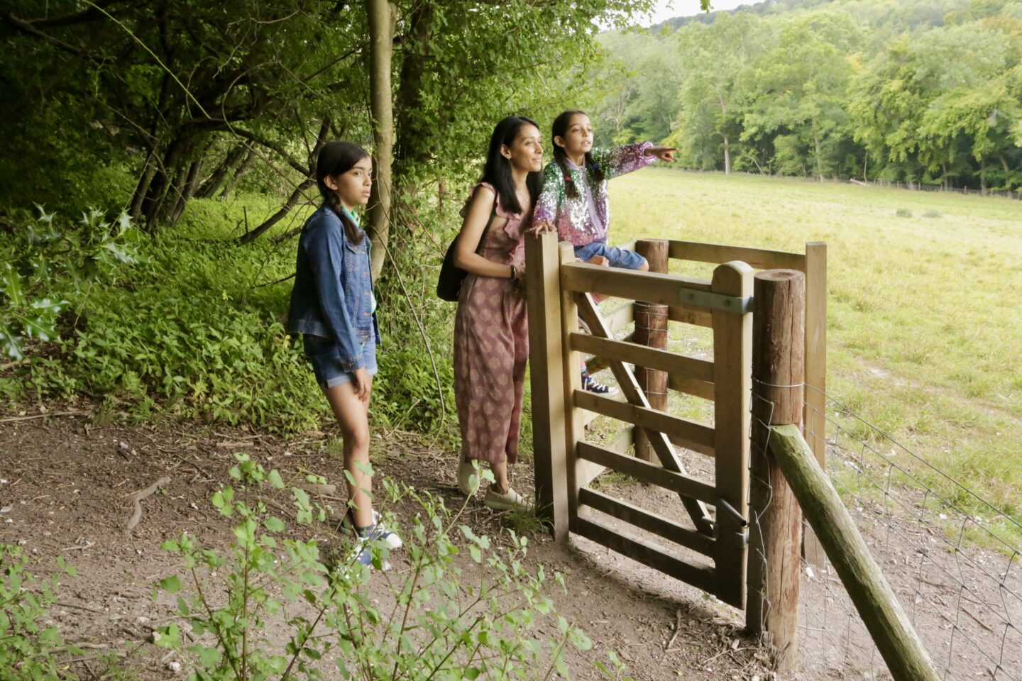 sima and two girls looking over a field whilst sat on a wooden fence/gate