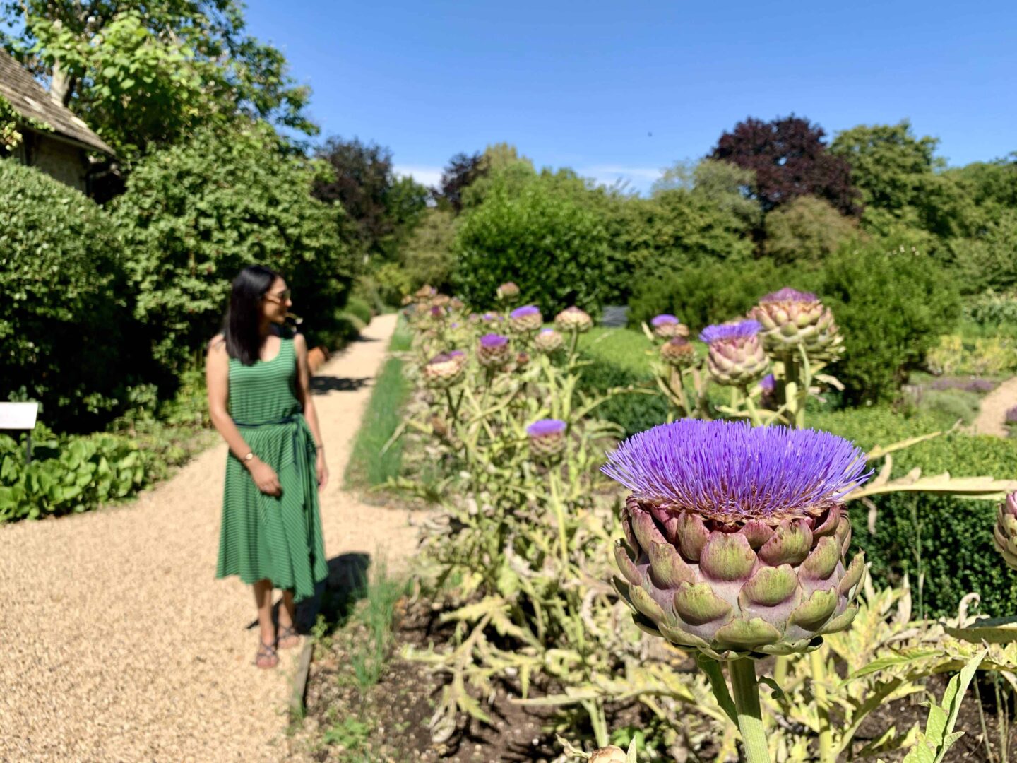 sima in a green dress walking through the kitchen garden