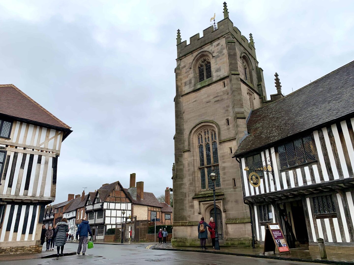 Street scene in Stratford-Upon-Avon with Shakespeare's Schoolroom in shot